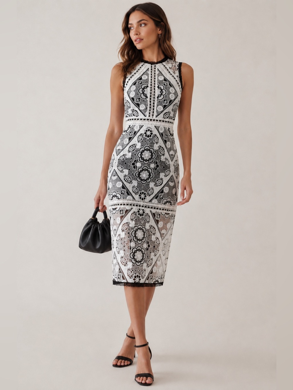 Alexis Keena‎ Dress White Lace Overlay Black White Floral Sz Medium